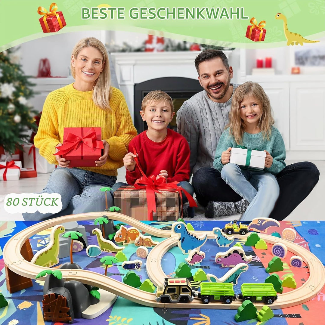 Holzeisenbahn Set, Dino Bahn Schienen mit Zug, Schnecke, Dinosaurier und Dinosaurier-Eiern, Eisenbah