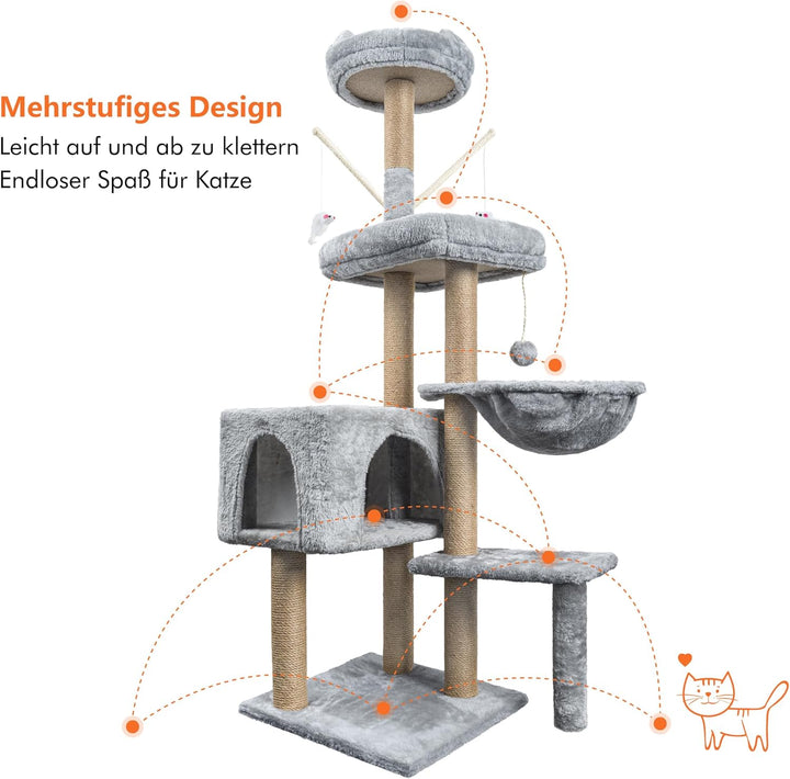 Kratzbaum, 145 cm Katzenbaum Kletterbaum, Aktivitätskratzbäum Kletterturm mit Sisalsäulen, Katzenspi