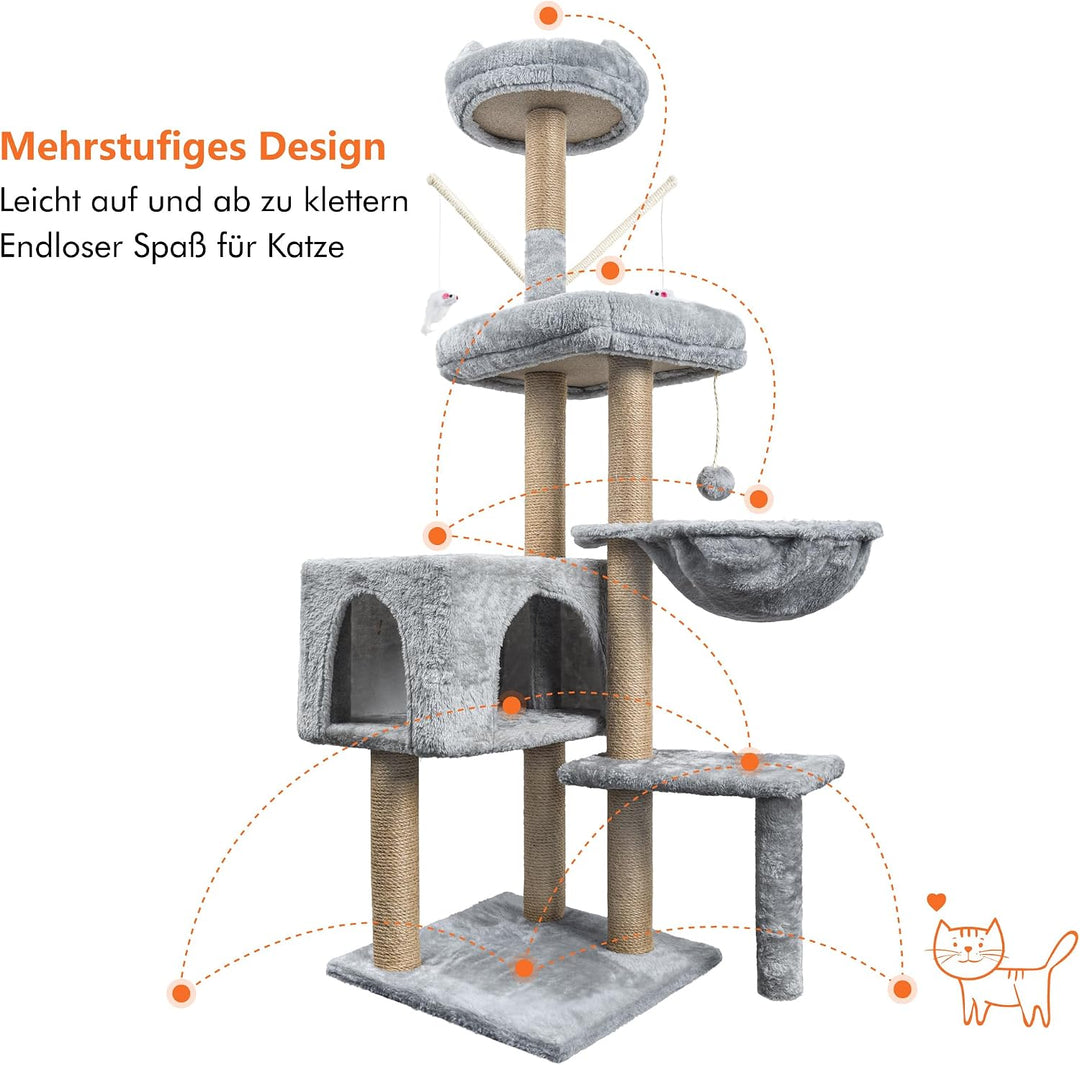 HOMIDEC Katzen Kratzbaum, 145 cm Katzenbaum Kletterturm, Kletterbaum Aktivitätskratzbäum mit Säulen