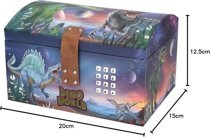 Depesche 13441 Dino World - Schatztruhe im Dino Design mit Planeten, Aufbewahrungsbox mit Code, Soun