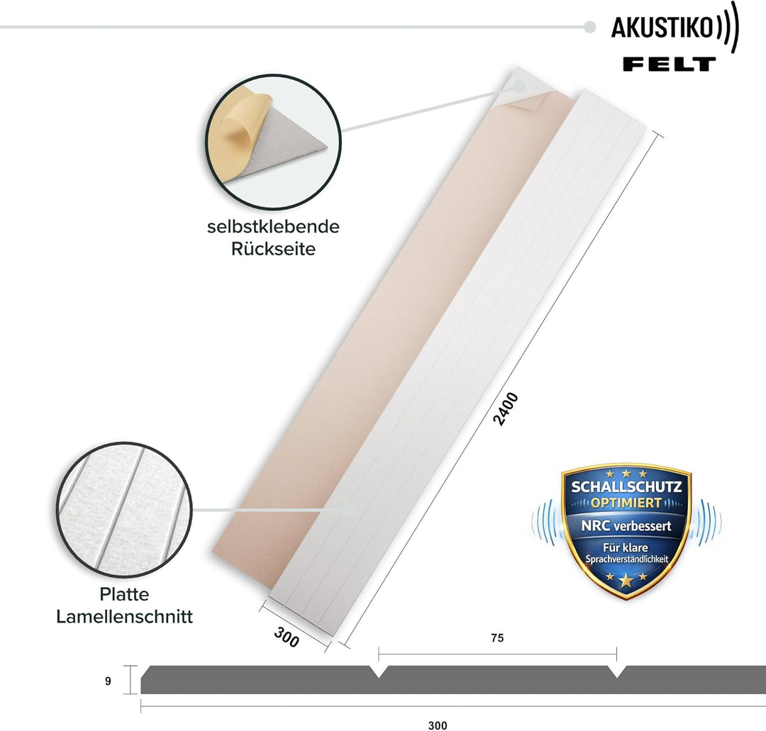 AKUSTIKO Akustikpaneele Selbstklebend 240x30cm - 4 Stück Weiss Akustik Wandpaneele Schallschutz & Ra