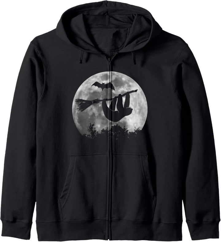 Faultier Hexe auf Hexenbesen Vollmond Halloween Kapuzenjacke