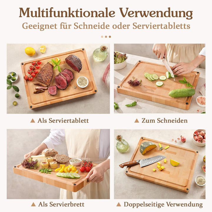 HEZHEN Gross Buchenholz Hackbretter, Hirnholzmaserung Doppelseitiges Schneidebrett, Eingebaute Saftr