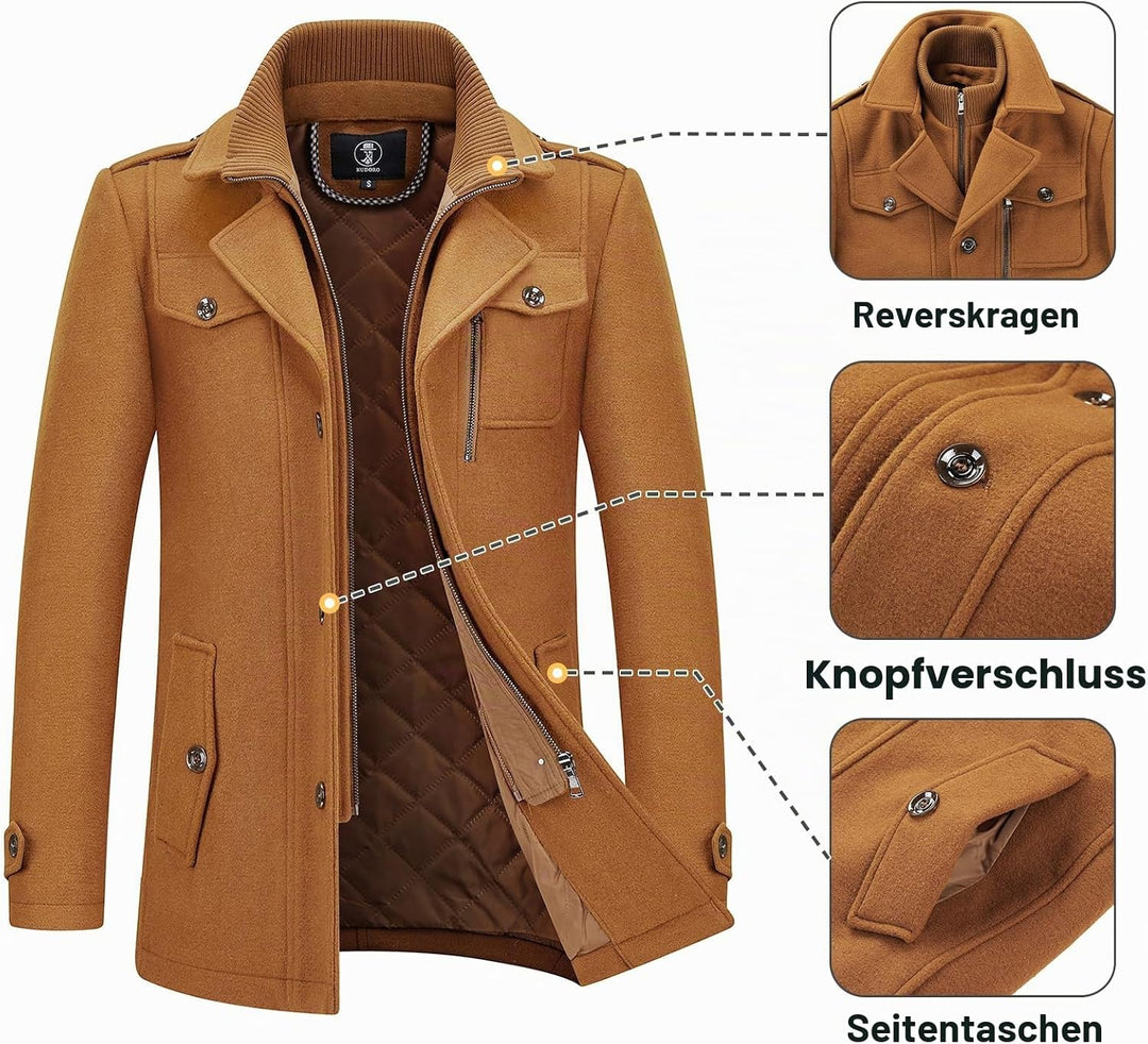 KUDORO Herren Wintermantel Wolle Kurzmantel Herren Wollmantel Mittellang Slim Fit für Business Freiz