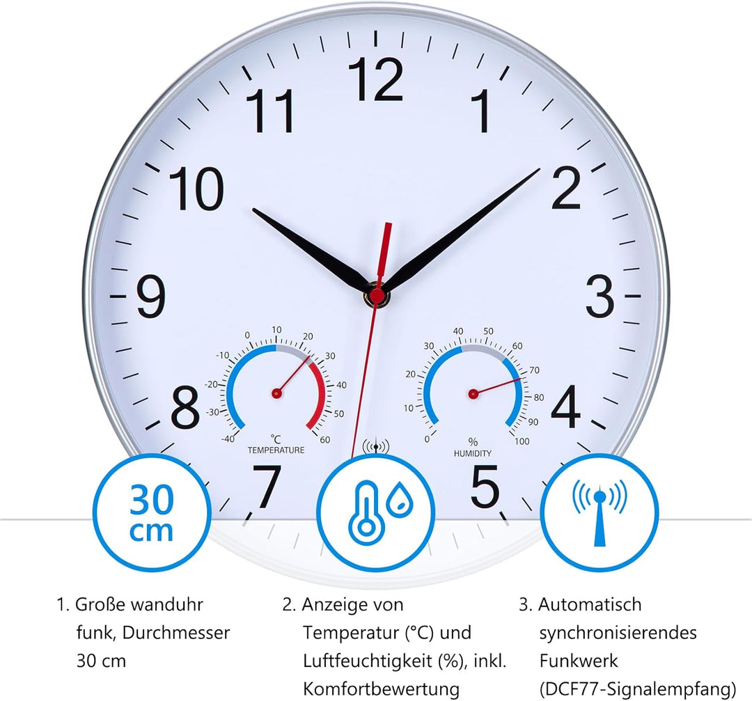 Wanduhr Funk Uhr Mit Temperaturanzeige und Luftfeuchtigkeit Funkuhr Wand Funkwanduhr 30cm Moderne Kü