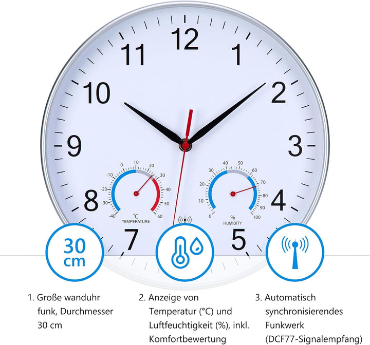 Wanduhr Funk Uhr Mit Temperaturanzeige und Luftfeuchtigkeit Funkuhr Wand Funkwanduhr 30cm Moderne Kü