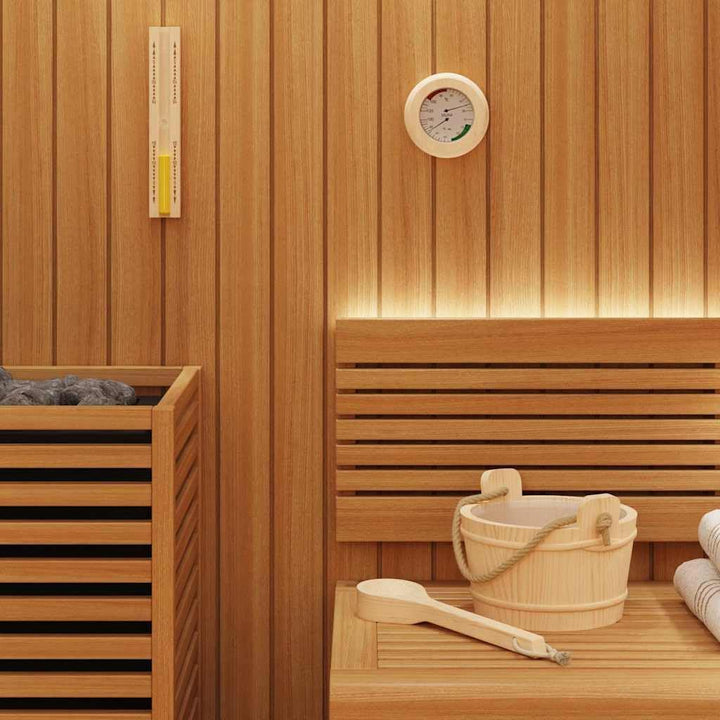 Sauna Zubehör Set 4 pcs Braun massives Kiefernholz Hanf 4L Eimer Schöpfkelle Thermo Hygrometer Sandu