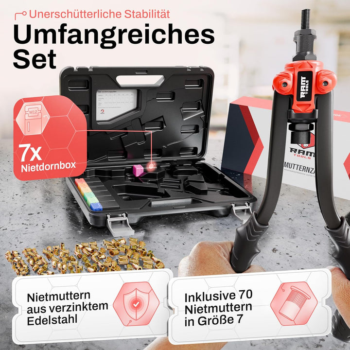 RAM TOOLS® Nietmutternzange, Nietzange Set inkl. 70 Nietmuttern, MIT Bohrloch/-grössentabelle, Dorne