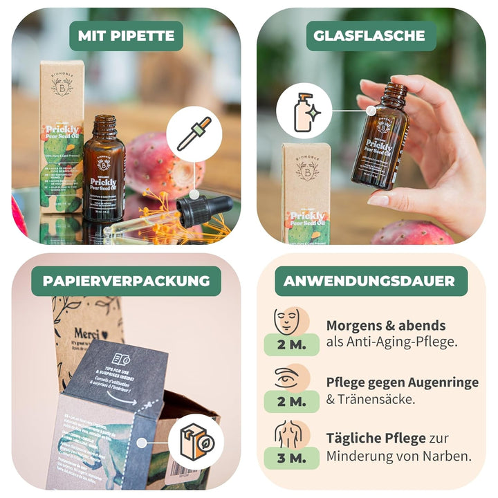 Bionoble Kaktusfeigenkernöl Bio 30ml - 100% Rein, Natürlich, Kaltgepresst - Gesicht, Körper, Haare,
