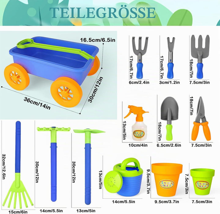 deAO Gartenset mit Schubkarre Kinder, Schaufel, Rechen, Blumentöpfe, Giesskanne Usw, 14Pcs Kinder Ga