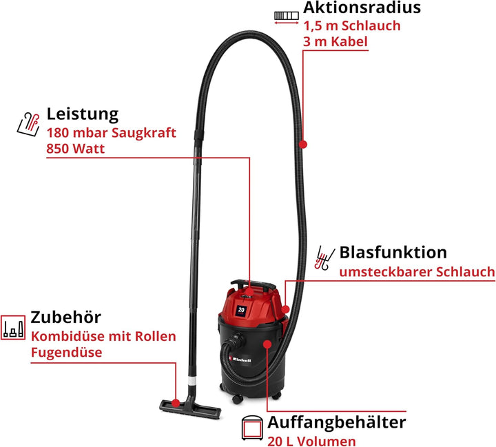 Einhell Nass-Trockensauger TC-VC 2045 (850 Watt, 180 mbar Saugleistung, 20 L Auffangbehälter, Blasan
