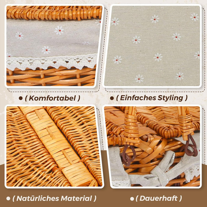 Picknickkorb-Set aus Weide für 4 Personen mit Deckel und Griff. Picknickkorb mit waschbarem Futter u