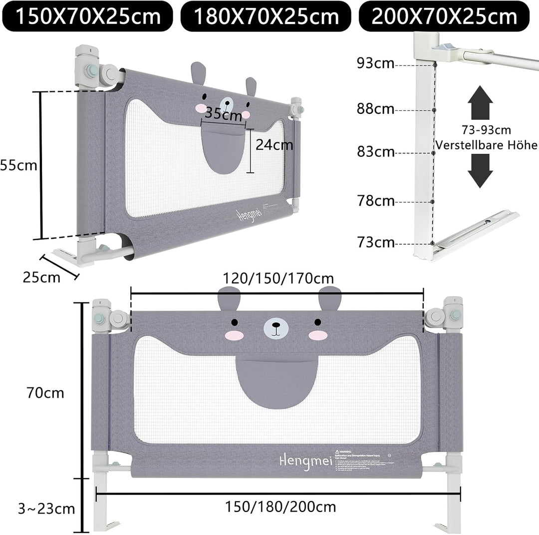 Bettgitter Rausfallschutz Bett Höhenverstellbar 150cm Bettschutzgitter mit Schnallendesign für Babys