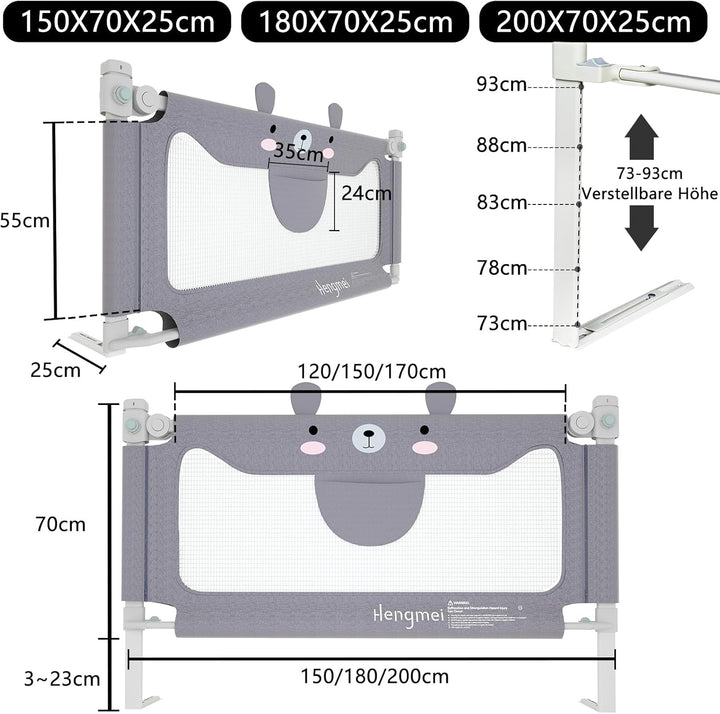 Bettgitter Rausfallschutz Bett Höhenverstellbar 150cm Bettschutzgitter mit Schnallendesign für Babys