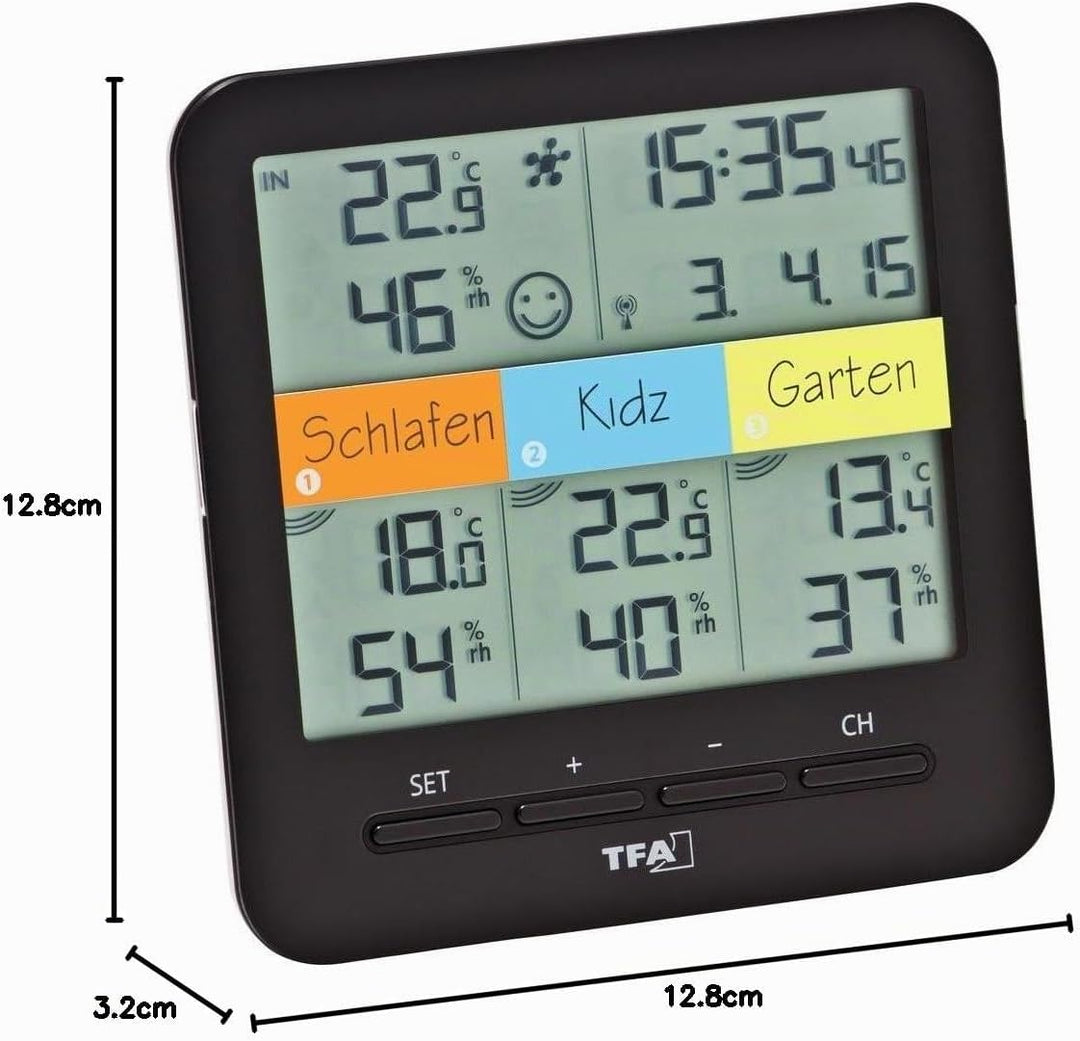 TFA Dostmann Klima Home Hygro-Station 30.3060.01 Funk-Thermo-Hygrometer mit 3 Sendern, Kunststoff, S
