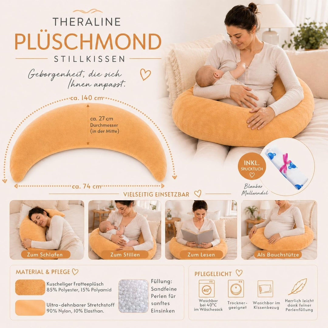Set Theraline Plüschmond Stillkissen, Bauchstützkissen & Spucktuch Blaubär | Schmusekissen und Lesek