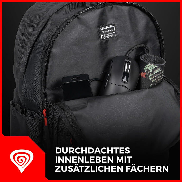 Genesis Gaming-Laptoptasche Pallad für Laptops, 14,1 bis zu 17,3 Zoll, Laptopfach, Rucksack für Uni