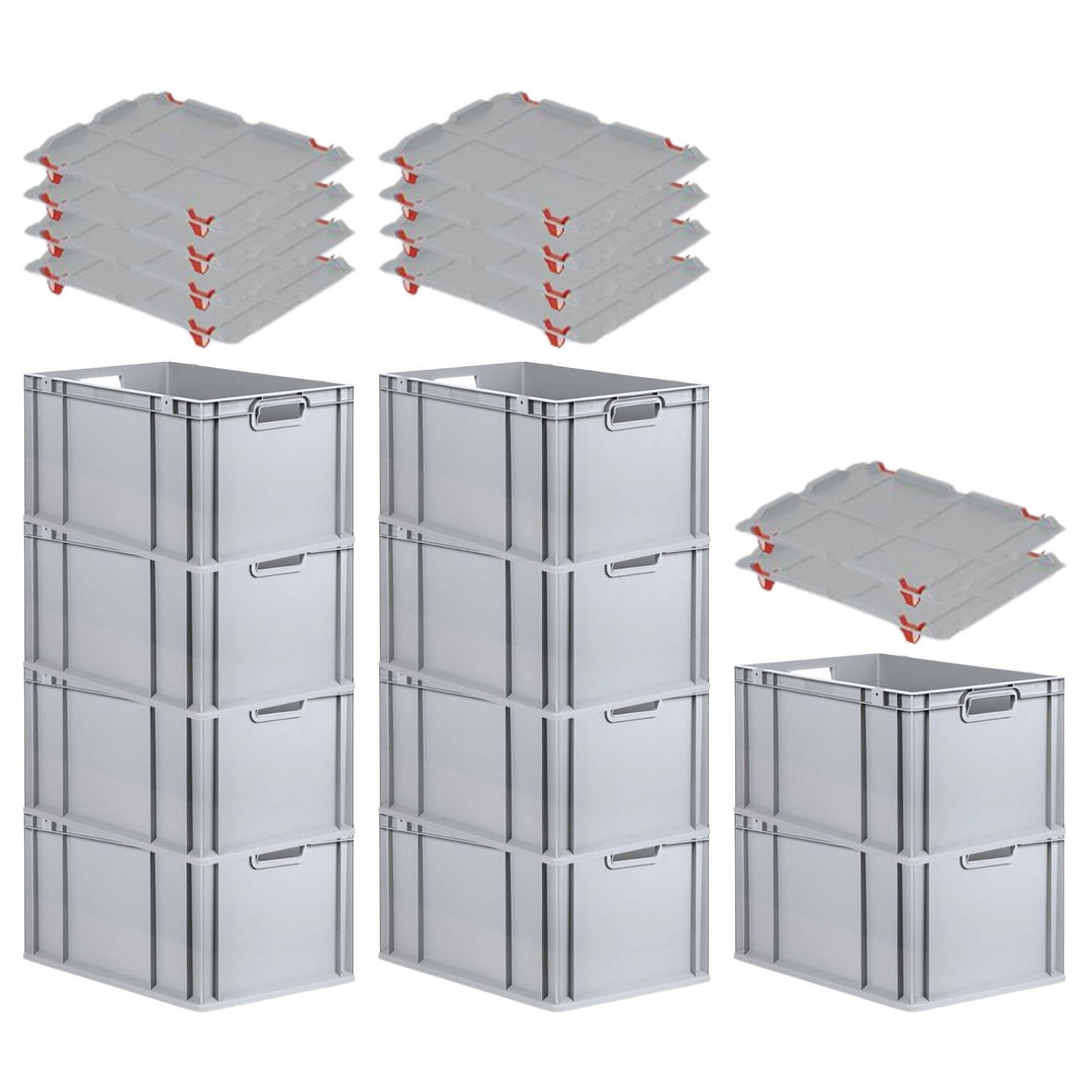 PROREGAL SparSet 10x Eurobox NextGen Grip mit Auflagedeckel & 4 roten Schiebeschnappverschlüssen, Hx