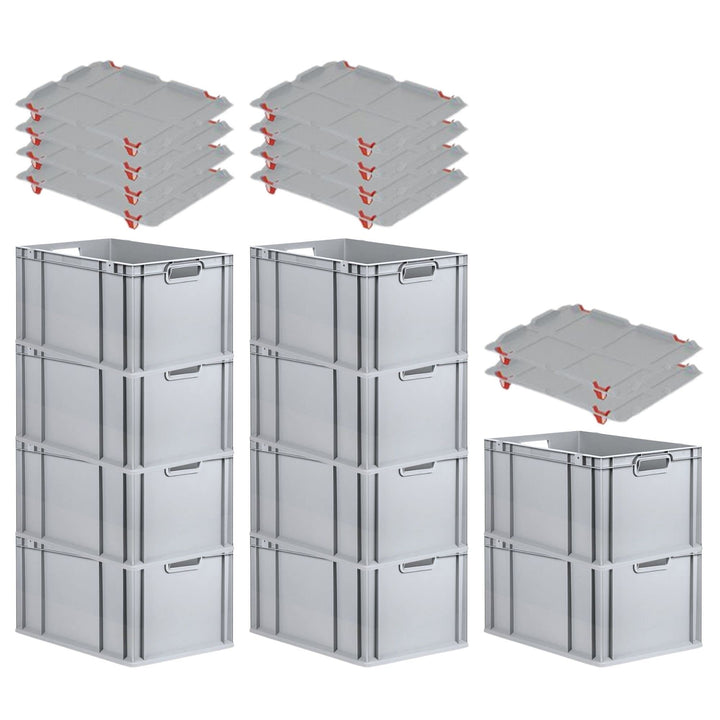 PROREGAL SparSet 10x Eurobox NextGen Grip mit Auflagedeckel & 4 roten Schiebeschnappverschlüssen, Hx