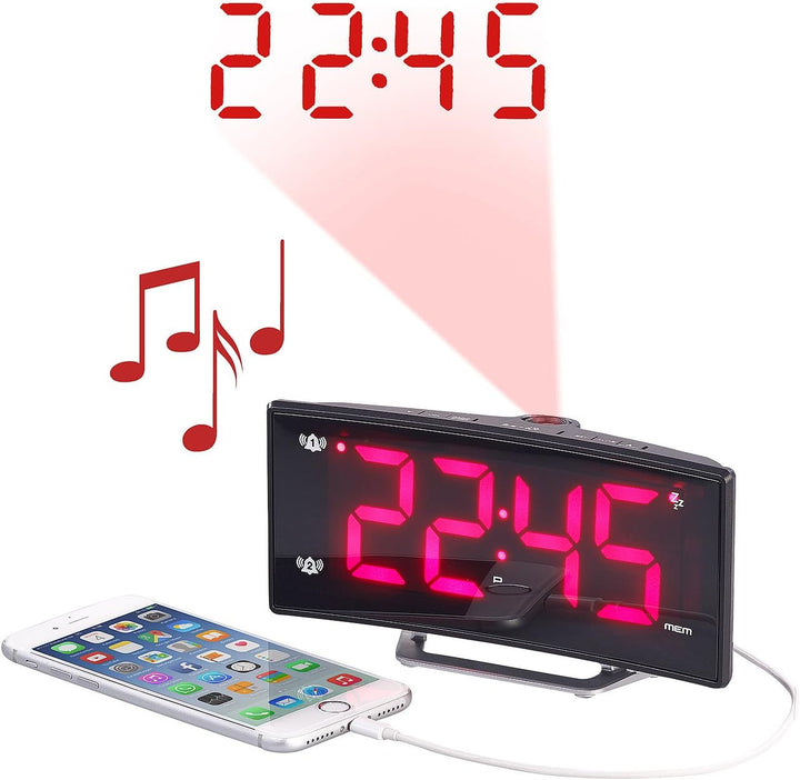 auvisio Weckradio: Projektions-Radiowecker mit Curved-Display, Dual-Alarm & USB-Ladeport (LED Wecker