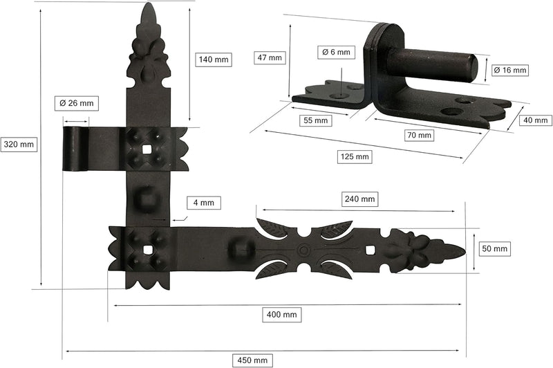 KOTARBAU® Winkelband Dekorativ Geschmiedet 400 x 460 x 50 mm Satz 2x Scharnier + 2x Kloben für Türen