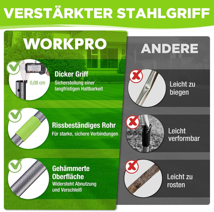WORKPRO Laubrechen mit Stiel, 38cm Arbeitsbreite Rechen für Garten, Verstellbarer Griff 102–178 cm,