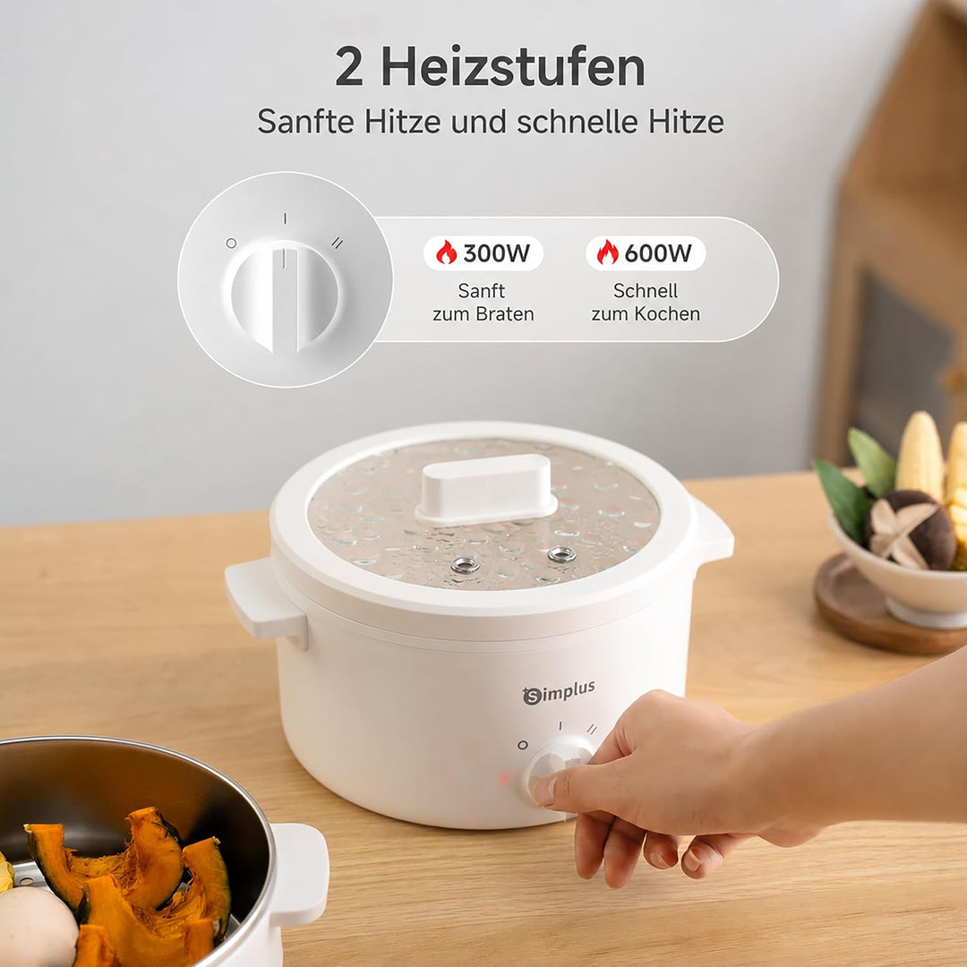 SIMPLUS Elektrischer Hot Pot 1,8 L mit Edelstahl-Dampfgarer, 600 W Elektrokochtopf mit Antihaftbesch