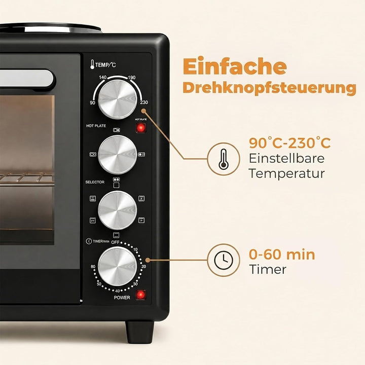 HOMCOM Mini Backofen mit Umluft 2 Kochplatten und Drehspiess, 36L, 90-230℃