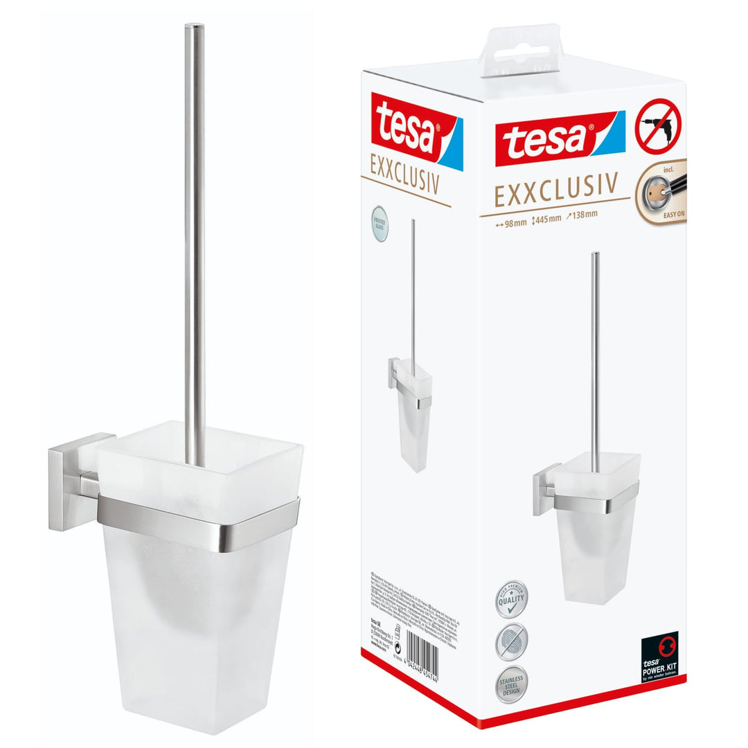 tesa EXXCLUSIV Toilettenbürsten-Set, verchromt, mit satiniertem Glas - zur Wandbefestigung ohne Bohr