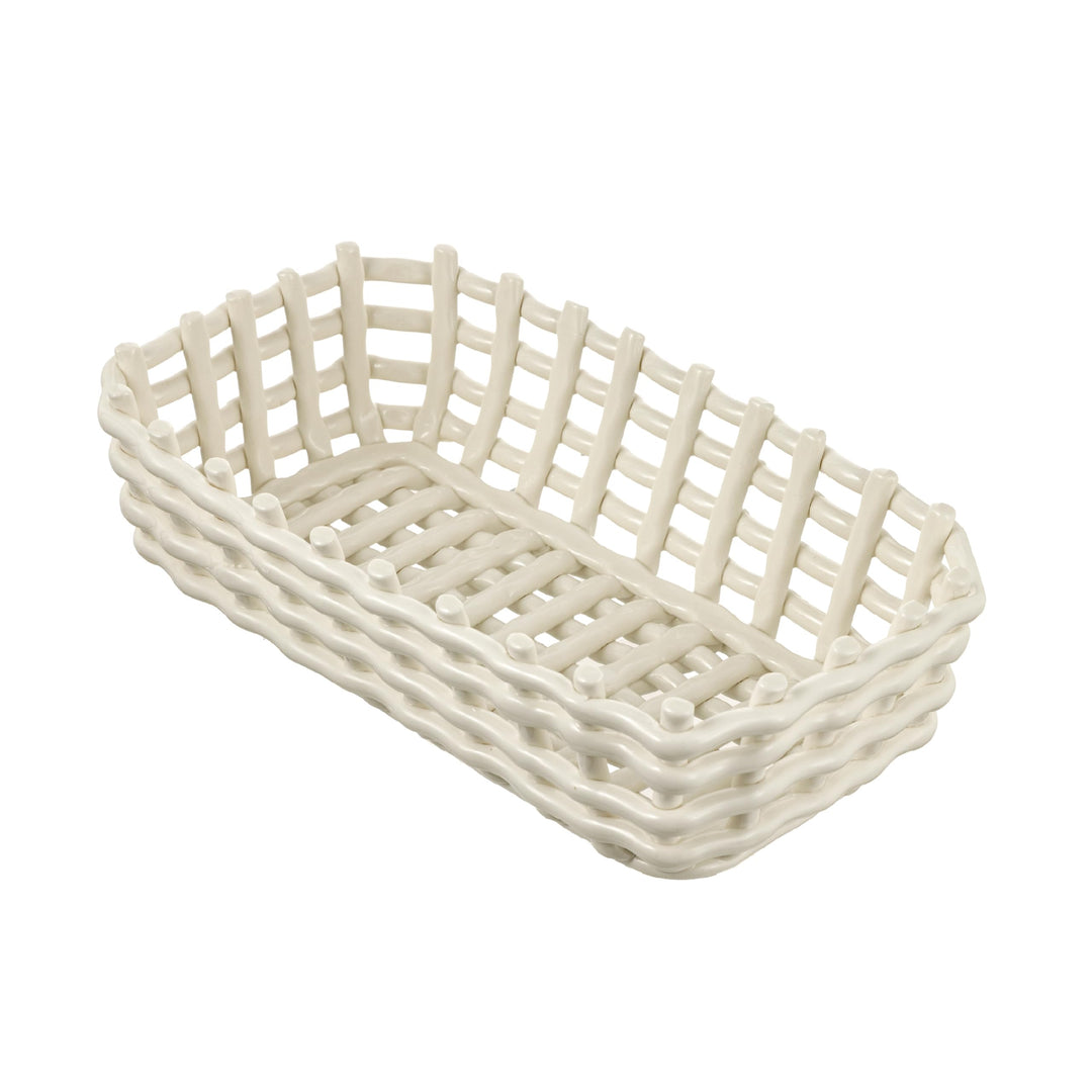 Baroni Home Mehrzweckkorb aus Keramik, Obstkorb, Tischdeko, Taschenleerer, rechteckig, weiss, 25 x 1
