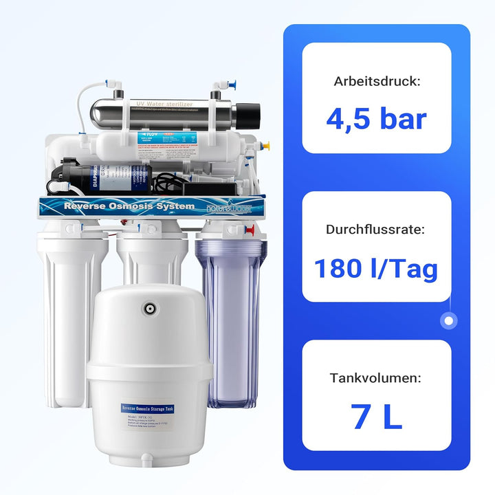 Naturewater 6 Stufen Umkehrosmose RO 180 L/Tag mit UV Klärer und Druckerhöhungspumpe
