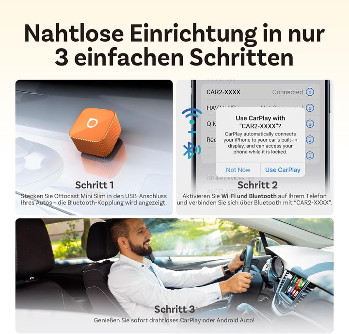 (2026 Aktualisiert) OTTOCAST Kabelloser CarPlay & Android Auto Adapter 2-in-1, Ottocast Mini Slim fü