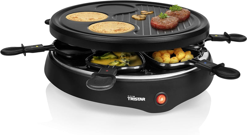 Tristar Raclette für bis zu 6 Personen mit 6 Pfännchen und Crêpe-und Grill-Bereich/Durchmesser 29 cm