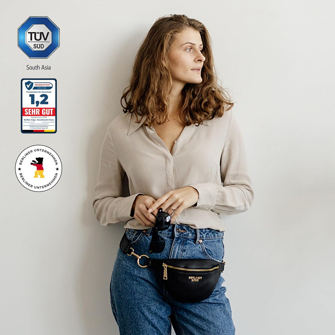 Berliner Bags Premium Bauchtasche Mona Fanny Pack aus Leder Umhängetasche Damen Herren (Schwarz/Gold