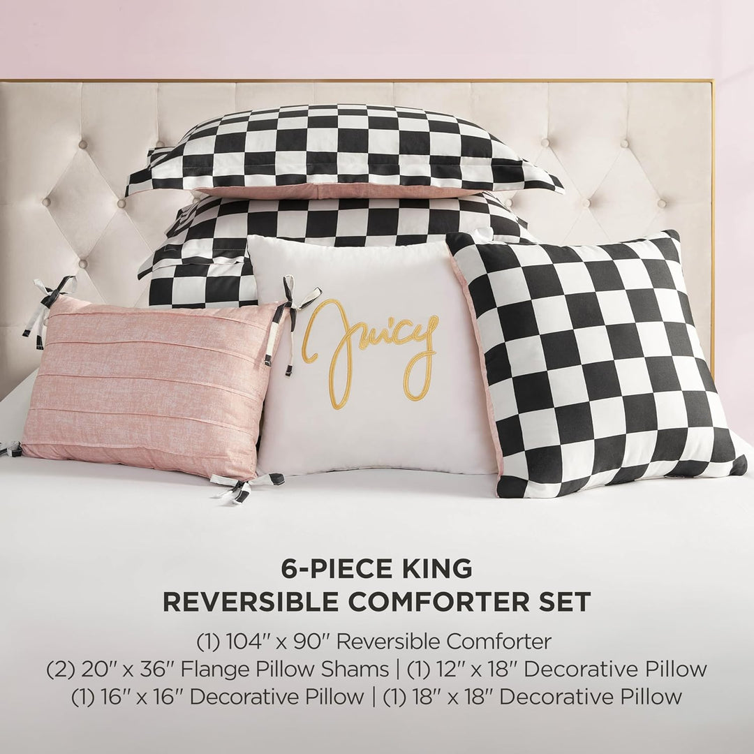 Juicy Couture-Wende-Steppdecken-Set, Schachbrettmuster, 6-teilig, King-Size-Set, Schwarz/Weiss King