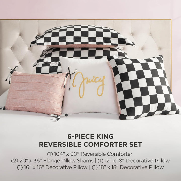 Juicy Couture-Wende-Steppdecken-Set, Schachbrettmuster, 6-teilig, King-Size-Set, Schwarz/Weiss King