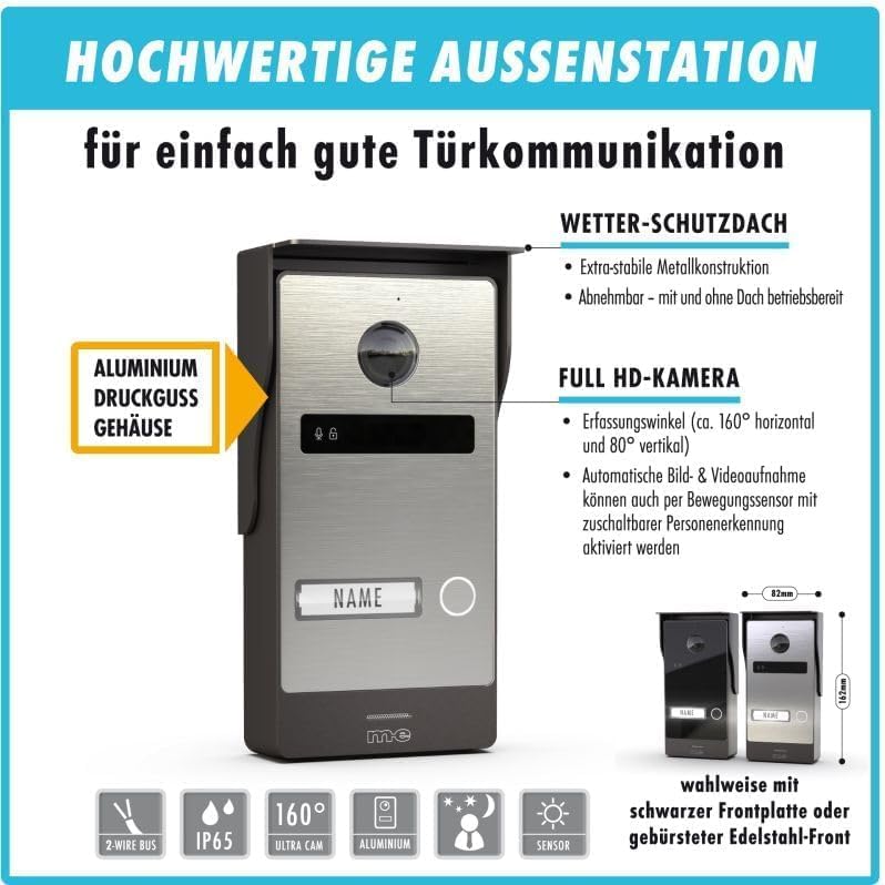m-e ALLVISO Video Türsprechanlage, 2 Draht IP BUS, Aufputz Gegensprechanlage mit 160° Kamera und Tür