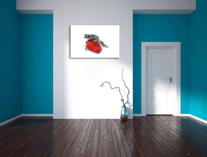 kleiner Frosch auf Erdbeere schwarz/weiss Format: 100x70 auf Leinwand, XXL riesige Bilder fertig ger