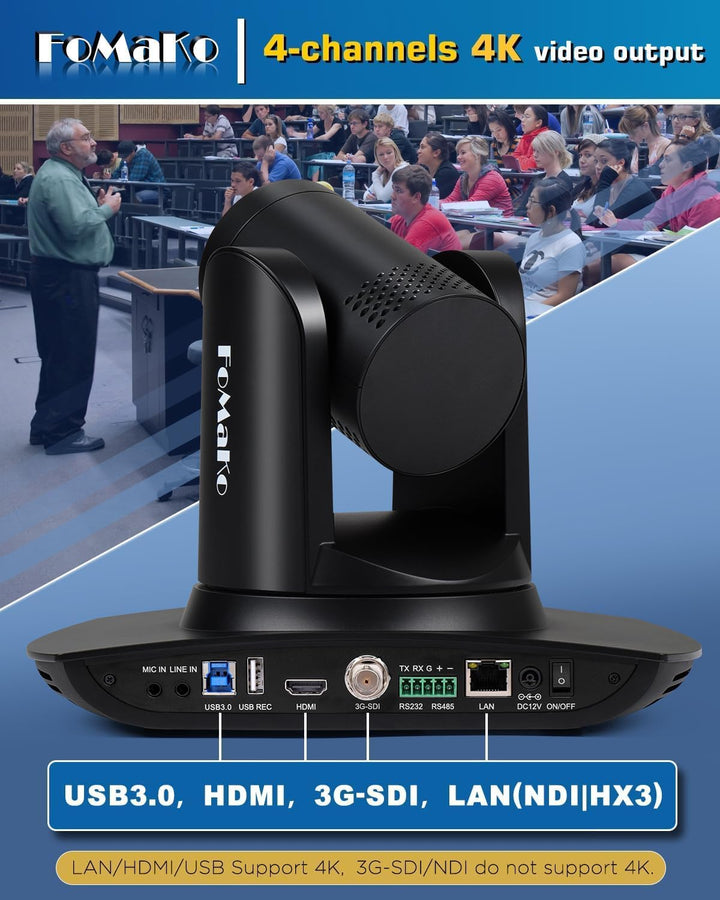 FoMaKo 4K 30x NDI PTZ Kamera, 30x Optischer Zoom, KI Auto-Tracking Gen 3, 3G-SDI HDMI LAN USB 3.0 PT