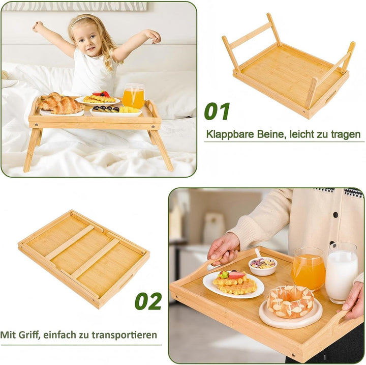 VASMIA Betttablett Tisch mit klappbaren Beinen, Bambus Frühstück im Bett Essen, Servieren oder Verwe