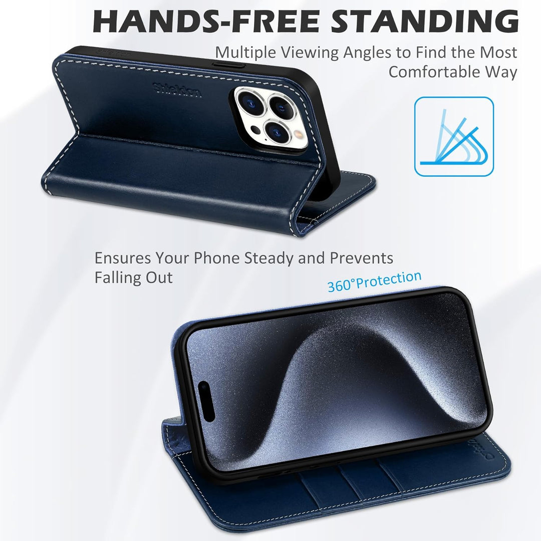 SHIELDON Hülle für iPhone 15 Pro Max, Schutzhülle [Rindsleder] [Stossfest] [Kartenfach] [Magnet] [St