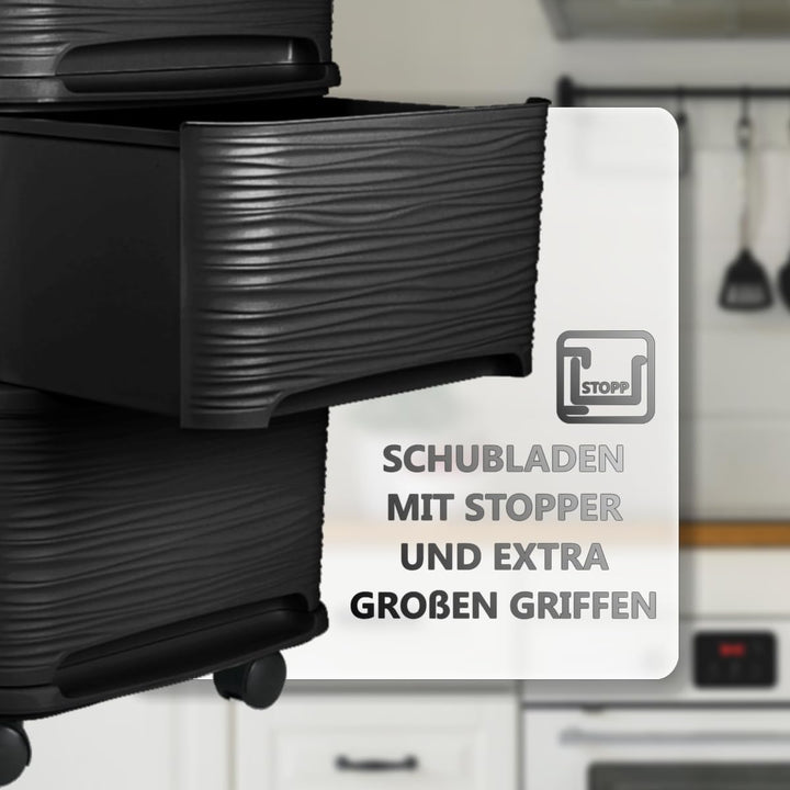 Schubladenschrank mit Rollen Rollcontainer mit 3 Schubladen Rollschrank Kunststoff Rollwagen (Schwar