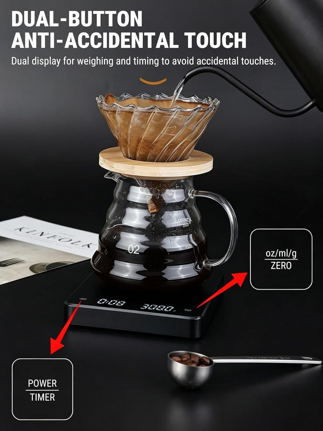 VOBOR Kaffeewaage mit Timer 3kg/0.1g, Automatischen und Manuellen Zeitmessungsmodus, Wiederaufladbar