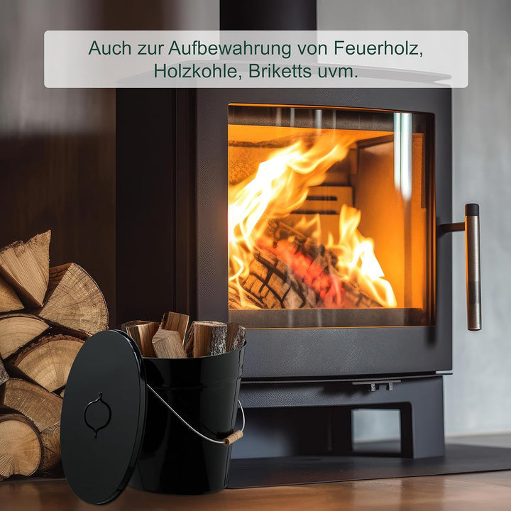 Relaxdays Ascheeimer mit Deckel, 18,5 Liter, Henkel mit Holzgriff, für Kohle & Asche, Kamin, Stahl A