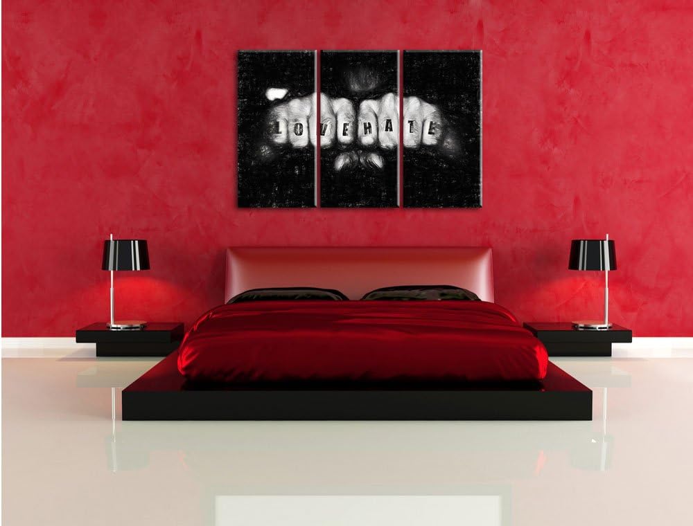 Pixxprint Love Hate Fäuste als Leinwandbild 3 teilig/Grösse: 3 Teilig (120x80) / Wandbild/Kunstdruck