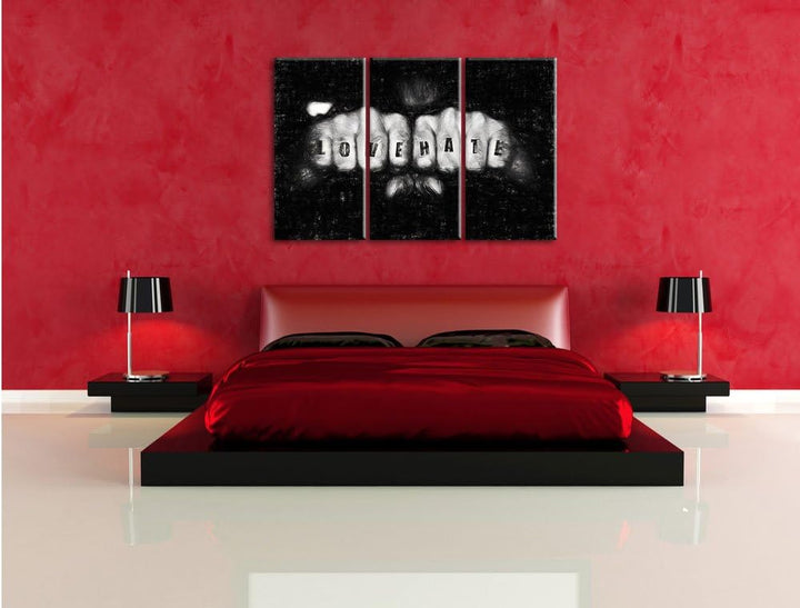 Pixxprint Love Hate Fäuste als Leinwandbild 3 teilig/Grösse: 3 Teilig (120x80) / Wandbild/Kunstdruck