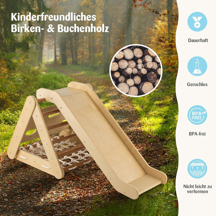 COSTWAY 4 in 1 Kletterdreieck mit Rutsche, Klettergerüst aus Holz, Sprossendreieck zum Rutschen und