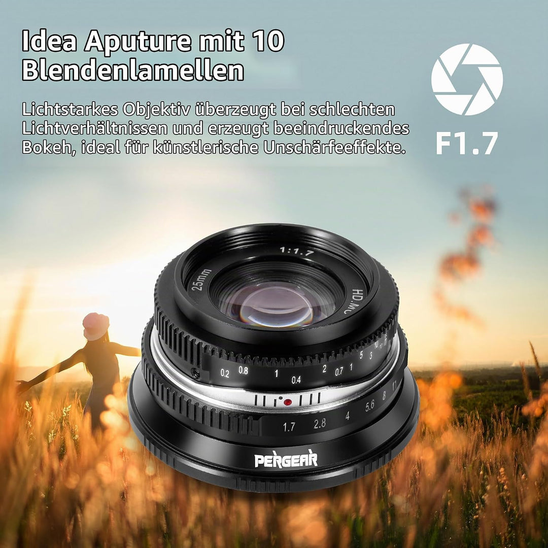 Pergear 25mm F1.7 Objektiv X Mount für Fujifilm, Manueller Fokus mit Grosser Blende Objektiv Fuji X