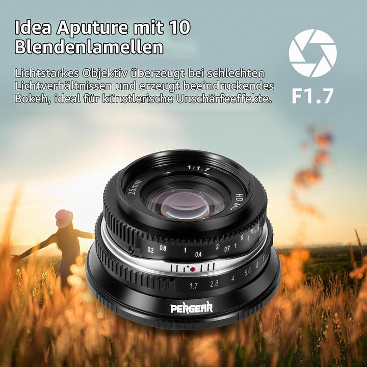 Pergear 25mm F1.7 Objektiv X Mount für Fujifilm, Manueller Fokus mit Grosser Blende Objektiv Fuji X