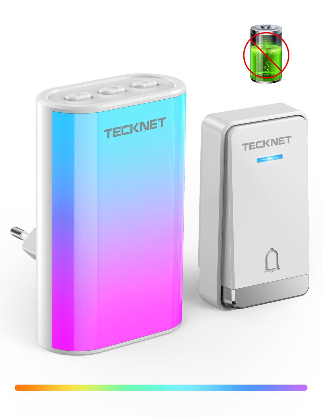 TECKNET Türklingel Batterielose, Steckdosen-Funkklingel mit EU-Steckdose und RGB Licht, IP65 Wasserd